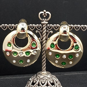 Vintage Green Rhinestone Hoop Clip on Earrings, New Old Stock 1980&#39;s Jewelry
