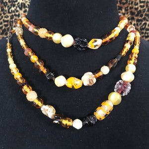 Long glass necklace, flapper beige brown glass necklace, 1960s fashion statement necklace