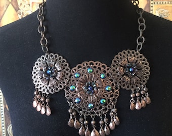 Very pretty copper colored teal blue jeweled bib necklace