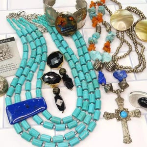 Vintage Jewelry Lot, 9 Piece Lot, Necklaces Bracelets Brooches Earrings, Collectible Costume Colorful Jewelry
