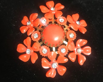 Vintage Rhinestone Floral Brooch * Mid Century Collectible * Vintage 1950's 1960's Orange Jewelry, Gift for Jewelry Lover, Vintage Present