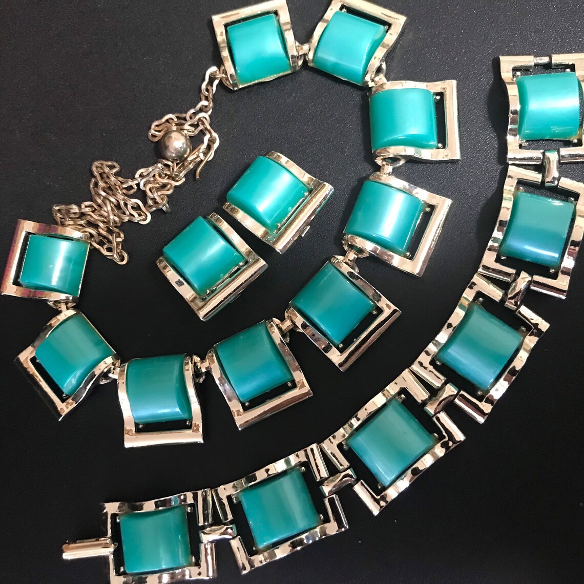 Vintage Teal Green Jewelry Set Necklace Bracelet & Earring Etsy