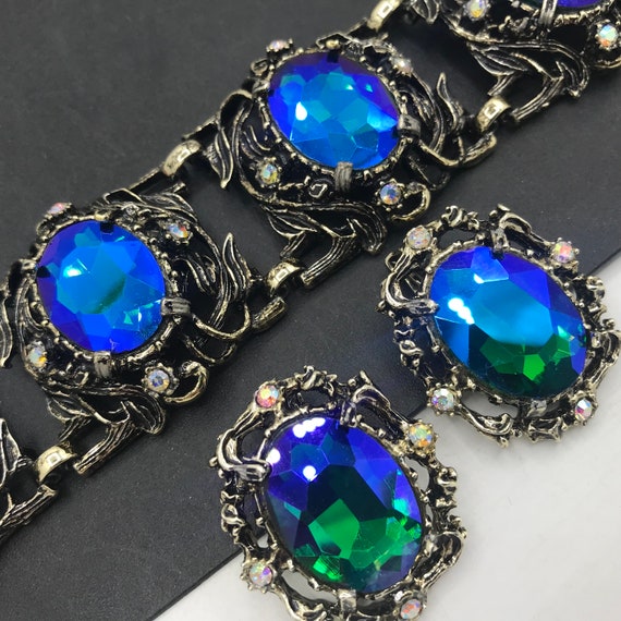 Designer Jewelry Set, Blue Rhinestone Bracelet Ea… - image 9