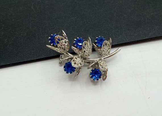 Vintage Blue Rhinestone Flower Brooch Pin - image 1