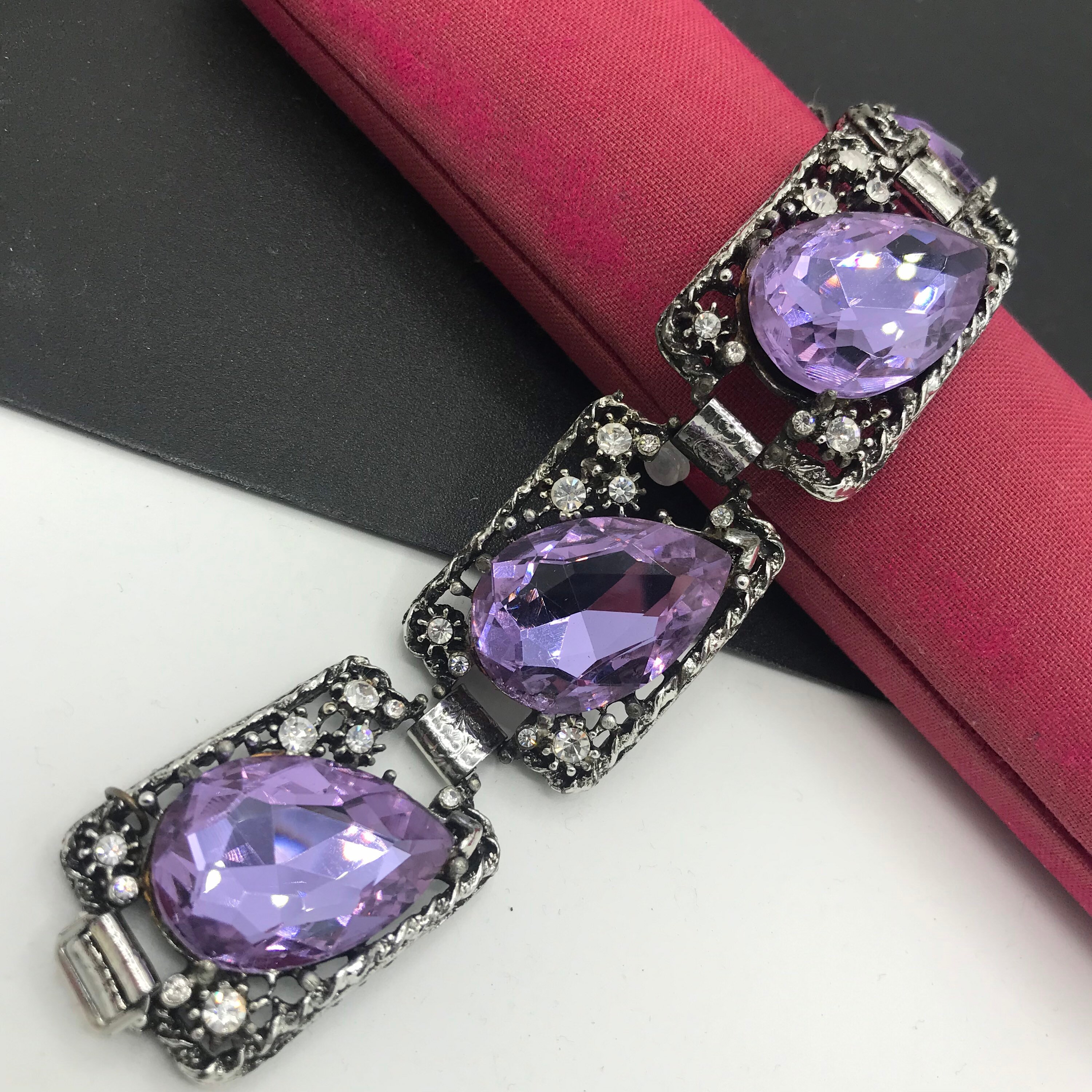 Rhinestone Jewelry, Purple Glass Chunky Bracelet, Mid Century