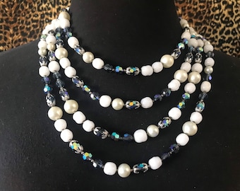 Collier Vintage Multi-rangs Perles Pâte De Verre Bleue - Ancien, Marque Murano