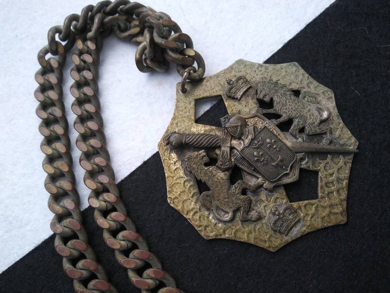 Vintage lion Shield Crown fleur de lis knight sword heraldic pendant necklace distressed steampunk grunge style jewelry