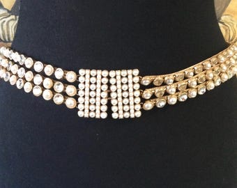 Gold Tone Multi Layer‎ Chain Belt Faux Pearl Rhinestone Dangle Accent One Size Vintage Gold Link Chain Swag Belt with Faux Pearls, Circa  main image 3