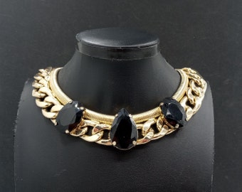 Vintage Rhinestone Chunky Chain Statement Necklace, 1980's Jewelry