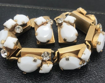 1950s Rhinestone Juliana Style Bracelet Earring Set - Demi Parure High End Rare Hard To Find Vintage White Milk Glass Jewelry