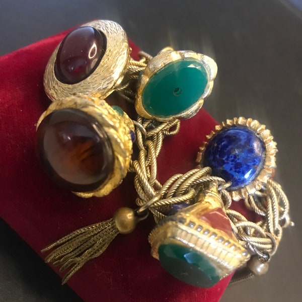 1950s 1960s glass & Lucite cabochon jeweled fob high-end collectible etruscan style charm bracelet, chunky chain costume jewelry