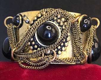 Vintage Wide Gold tone & Black Cuff Bracelet, 1970's 1980's Statement Jewelry, Vintage Present