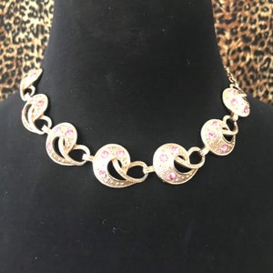 Vintage Glass Pink Rhinestone 1950s Necklace, 1960s Jewelry