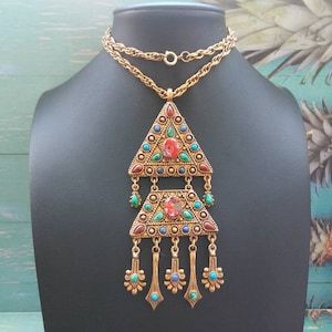 Florenza ornate colorful rhinestone designer signed pendant necklace