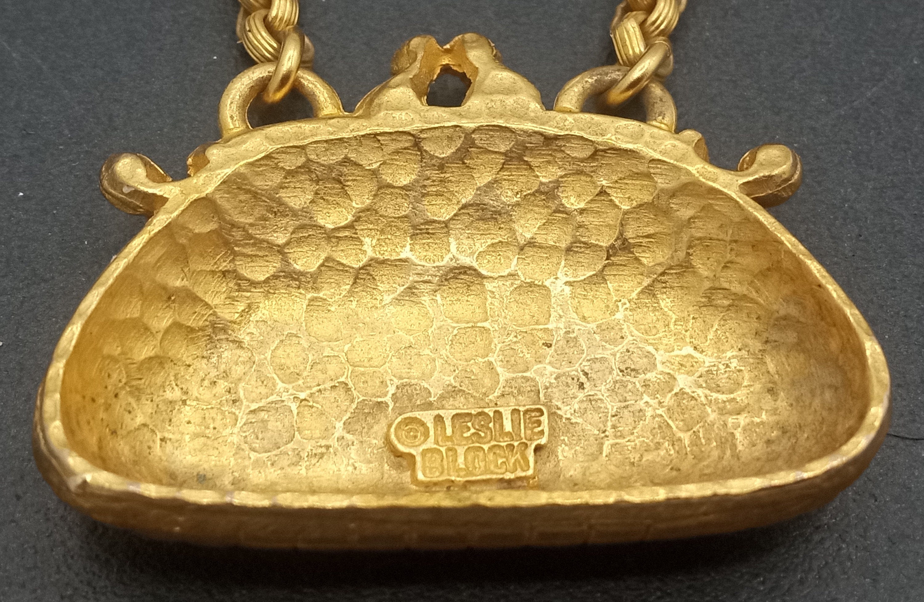 Leslie Block Vintage Matte Gold Designer Signed Purse Brooch
