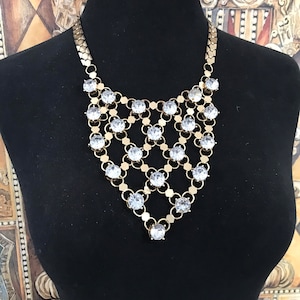 Vintage rhinestone bib statement necklace, retro collectible costume jewelry