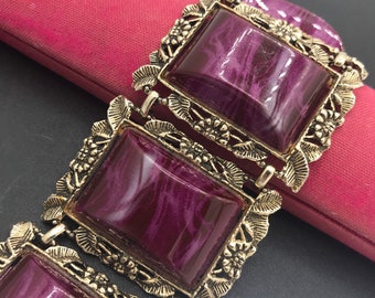 Vintage Victorian revival Selro purple Lucite chunky wide bracelet retro collectible jewelry