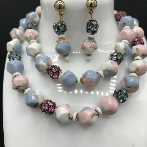 Glass Beaded Jewelry Set,  pink & blue rhinestone… - image 3