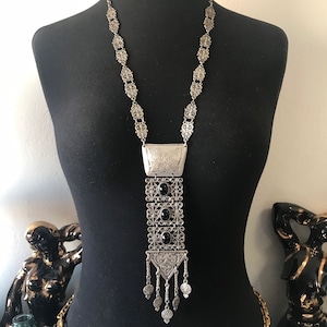 Huge pendant silver tone metal long necklace collectible statement costume jewelry 1960s 1970s