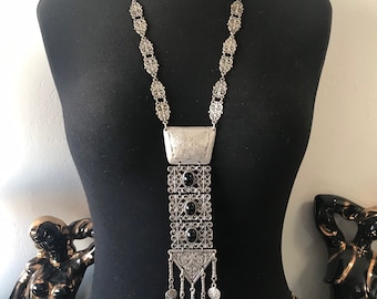 Huge pendant silver tone metal long necklace collectible statement costume jewelry 1960s 1970s
