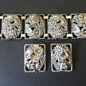 Sarah Coventry Vintage Silver Tone Flower Panel Bracelet & Clip On Earrings Jewelry Set, 1950's 1960's
