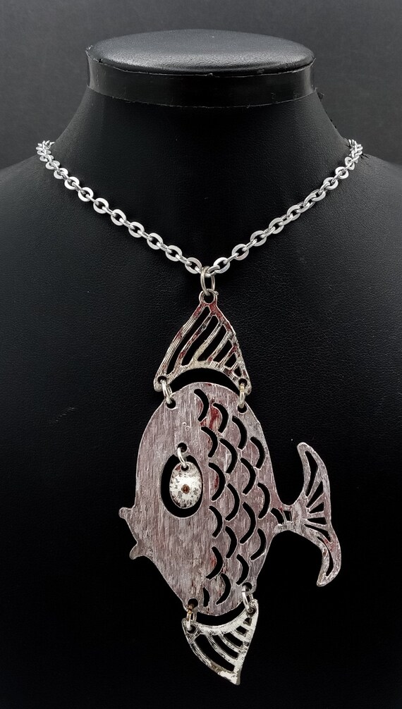 Vintage Silver Tone Fish Pendant Necklace 1950's … - image 2