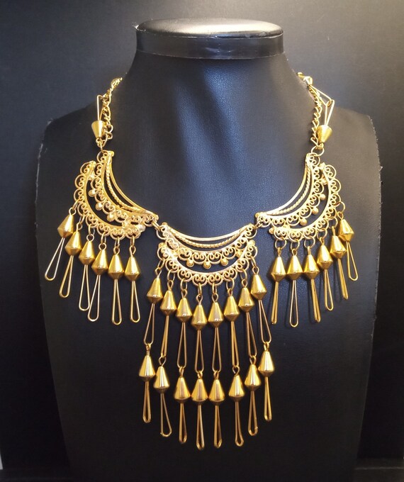 Vintage Gold Tone Ornate Fringe Bib Necklace 1970 s 1980 s Jewelry Etsy Canada