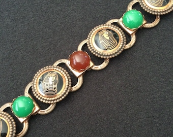 Vintage Egyptian Revival Pharoah Copper Lucite Cabochon Chunky Bracelet, 1950's 1960's Jewelry