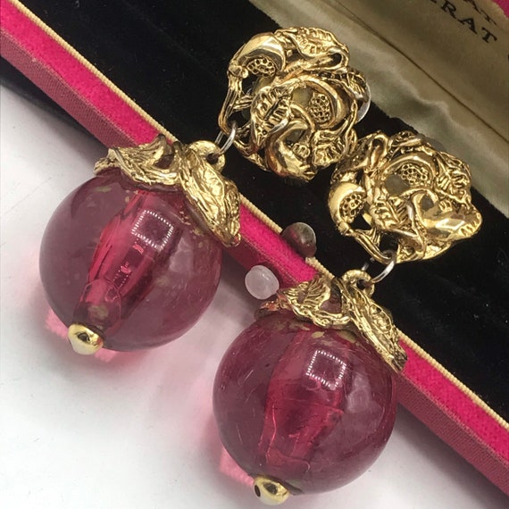 Vintage Dangle Drop Pink Lucite Earrings, High En… - image 1