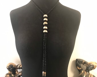 Vintage Statement Rhinestone Rondel Bolo Tie Necklace, Statement Black Glass Beaded Collectible Fashion Necklace, 1960&#39;s Jewelry