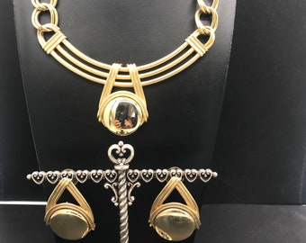 Vintage Gold Tone Necklace Earrings, Geometric Retro Jewelry Set