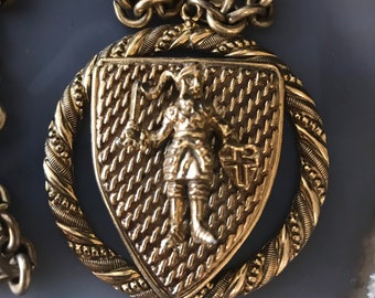 Vintage heraldic Shield coat of arms style gold tone metal pendant necklace
