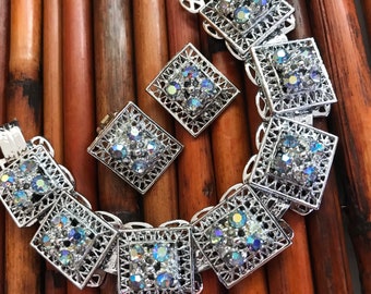 1950s Jewelry Set, Rhinestone Bracelet Earring Set, Blue Rhinestone Jewelry, Chunky Bracelet, 1960s Accessories, Aurora Borealis ,Rhinestone