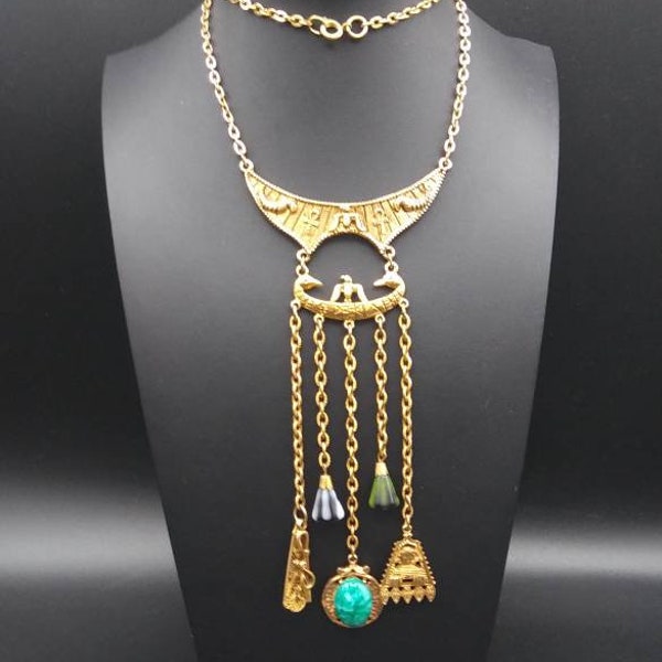 Art designer signed vintage Egyptian Revival pendant tassel necklace