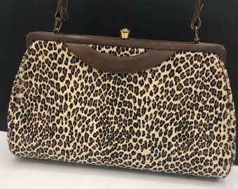 Rockabilly FAUX fur Bag 1950s 1960s high-end collectible leopard Handbag, top handle purse