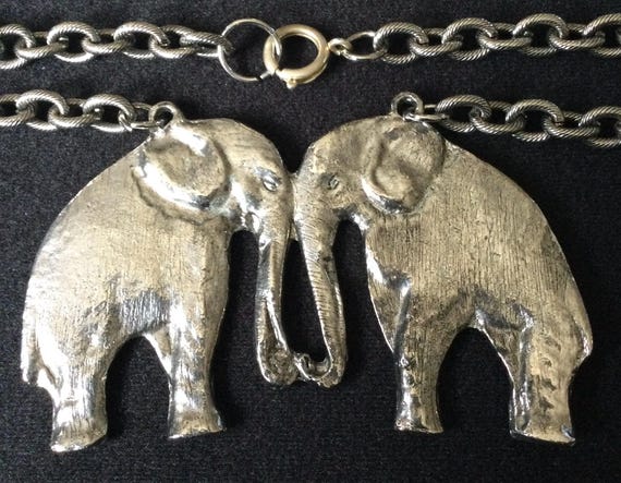 Vintage Statement Silvertone Double Elephant Pend… - image 4