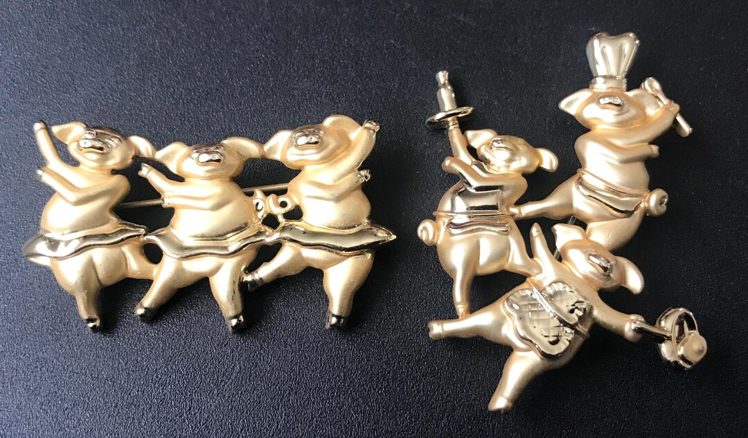 A.J.C. Vintage Set of 2 Designer Signed Pig Brooch Pins, 1970's 1980's ...