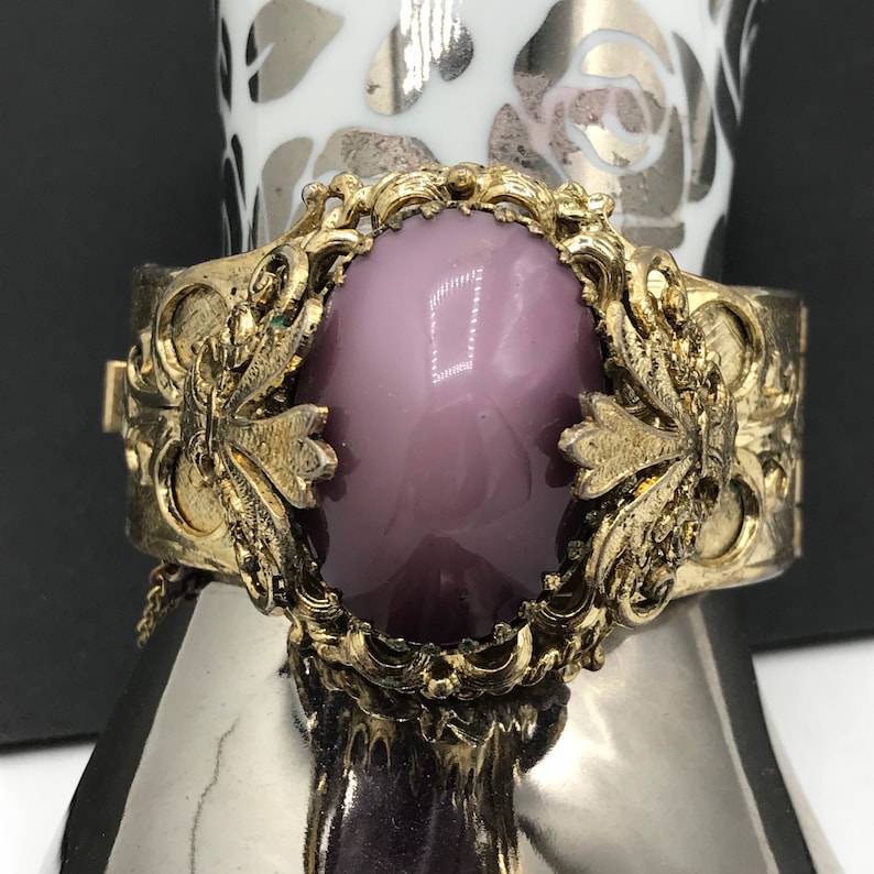 Vintage Purple Glass Stone & Gold Tone Metal Chunky Wide Etsy