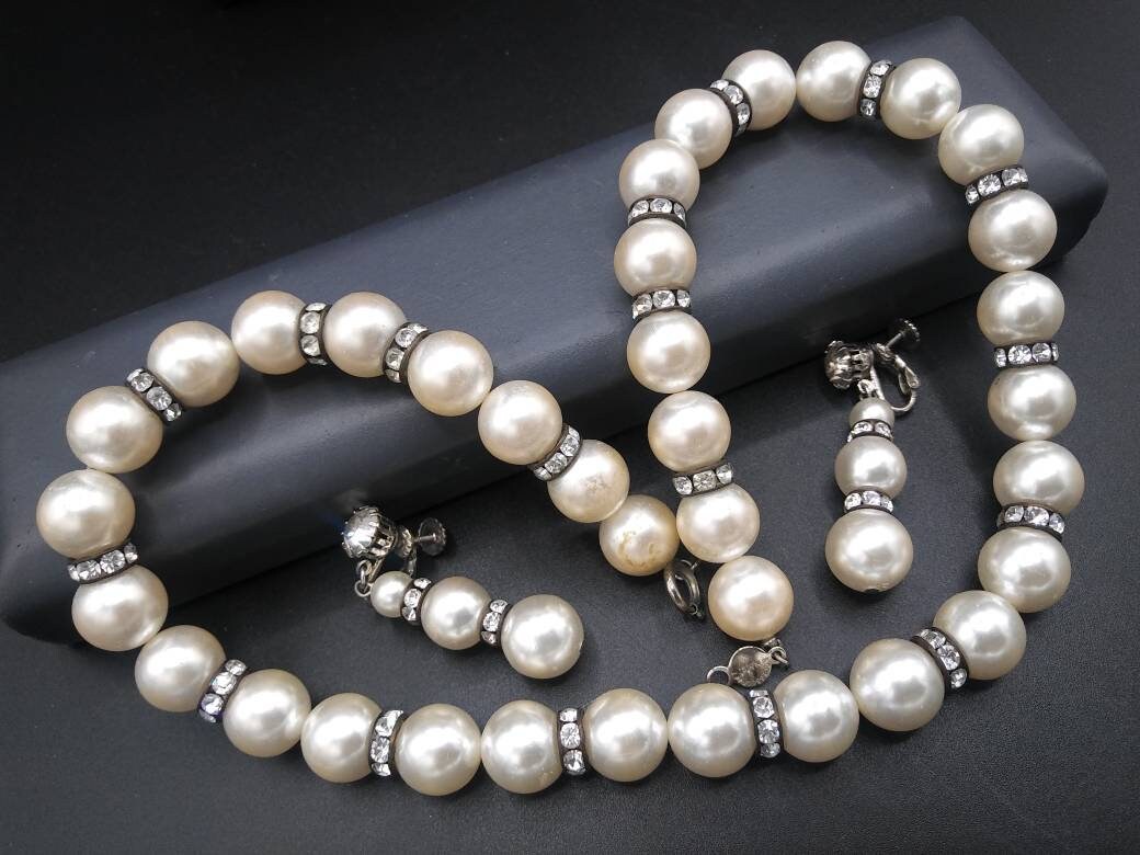 Accessocraft designer signed faux Pearl rhinestone rondelle high end jewelry set vintage costume collectible necklace dangle earrings