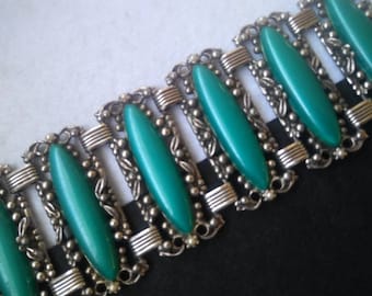 Victorian Revival Jewelry, 1960s chunky green wide Selro Style bracelet, mid-century collectible jewelry, gift for her