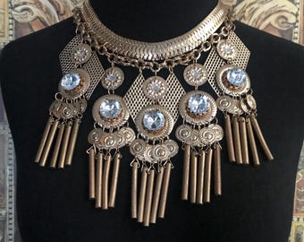 Vintage Rhinestone Bib Statement Necklace, Huge Runway Necklace, Theater Costume Jewelry Prop Collectible Gift For Her, Vintage Gift Idea