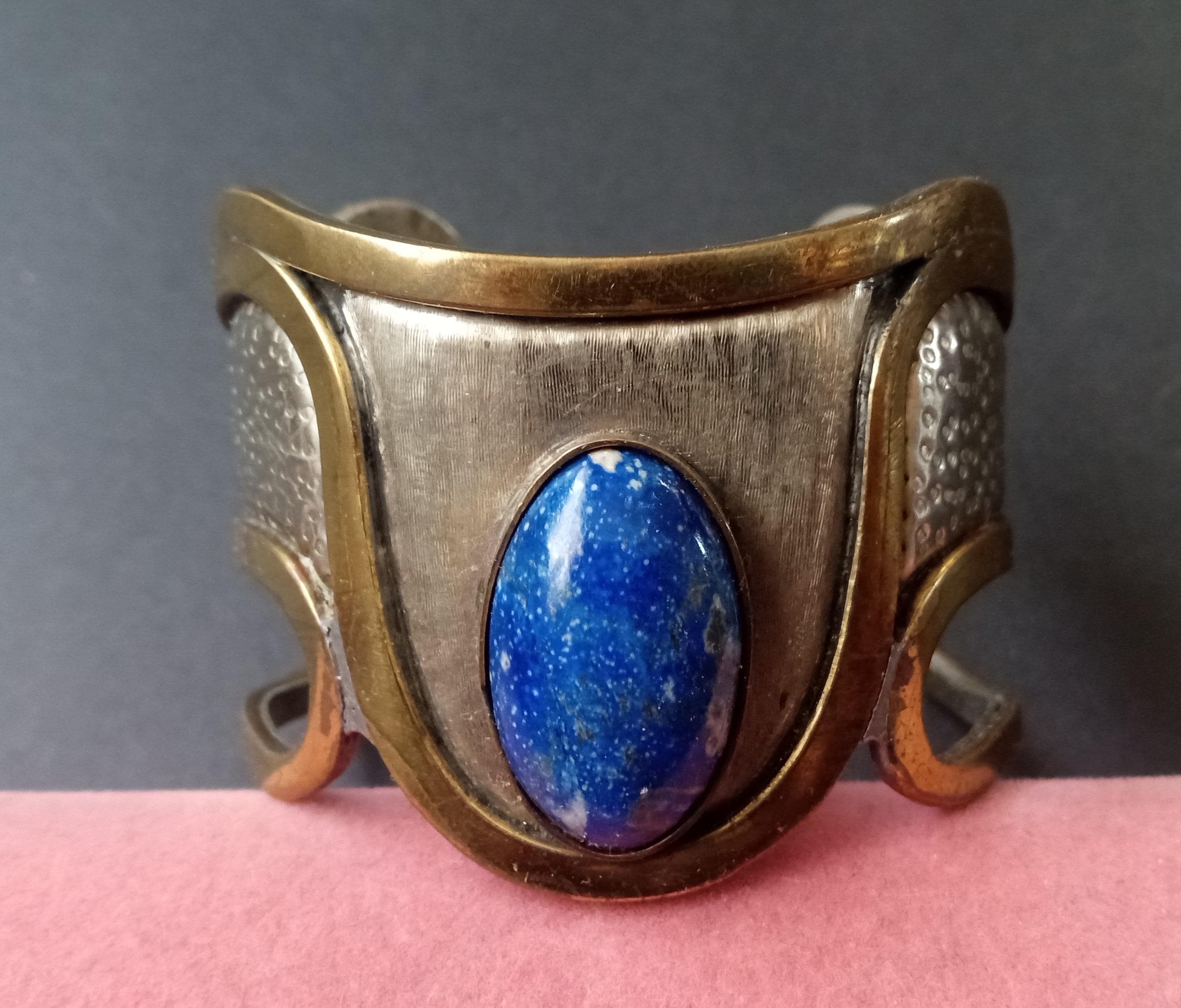 Morita Gil Designer Signed Vintage Lapis Lazuli Stone Brass Silver 