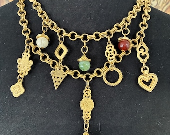 Vintage Chunky Charm 2 Strand Necklace, Gold tone Metal Heart Beaded Charms