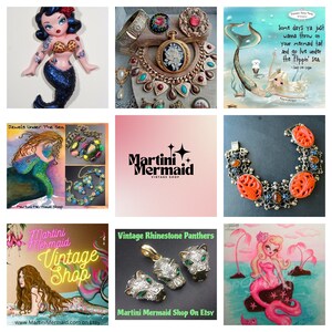 May include: A collage of images featuring vintage jewelry, illustrations of mermaids, and the text "Martini Mermaid Vintage Shop". The jewelry includes a large orange statement bracelet, a necklace with turquoise stones, and a vintage pocket watch with a floral design. The illustrations feature mermaids with long flowing hair and tails, and the text "Jewels Under The Sea" is also included.