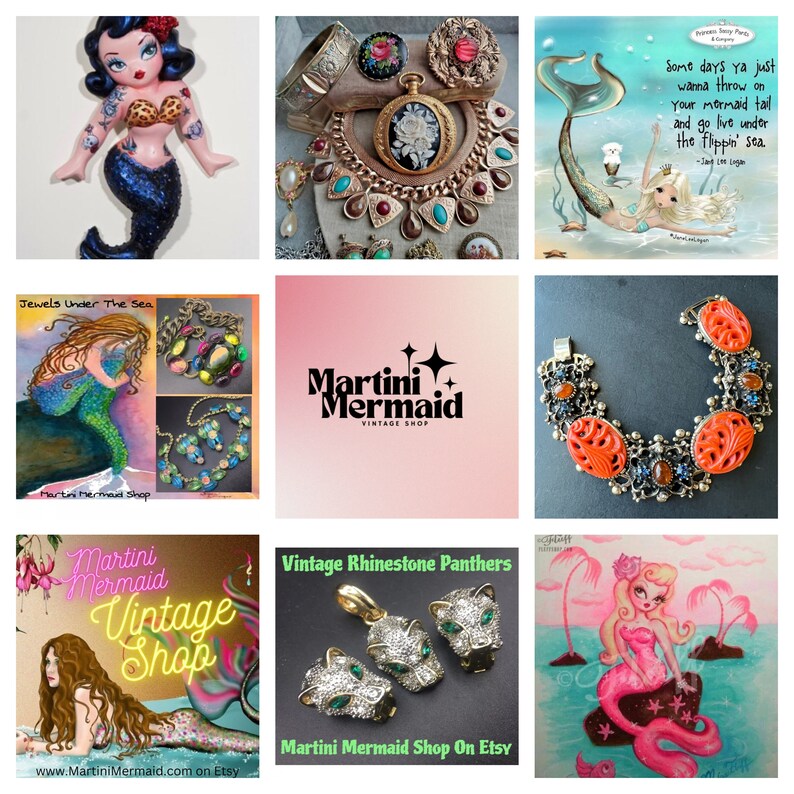 May include: A collage of images featuring vintage jewelry, illustrations of mermaids, and the text "Martini Mermaid Vintage Shop". The jewelry includes a large orange statement bracelet, a necklace with turquoise stones, and a vintage pocket watch with a floral design. The illustrations feature mermaids with long flowing hair and tails, and the text "Jewels Under The Sea" is also included.