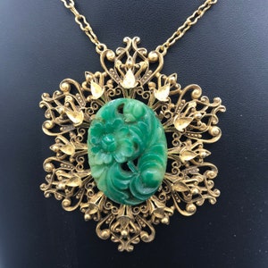 Florenza designer pendant, green large statement necklace, 1960's 1970's vintage jewelry, vintage gift