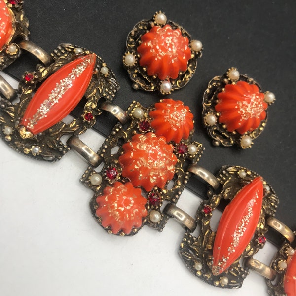 Vintage Selro Orange Glitter Lucite & Red Rhinestone Bracelet Earring Set - High End Hard To Find Rare Collectible Jewelry