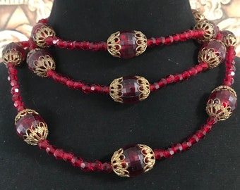 56 Inches long red Lucite beaded flapper style necklace, 1960s 1970s costume collectible jewelry, gift for jewelry lover, vintage present