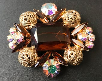 Vintage Aurora Borealis Rhinestone Brooch Pin, 1950's 1960's Jewelry
