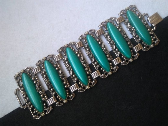 Victorian Revival Jewelry, 1960s chunky green wid… - image 2